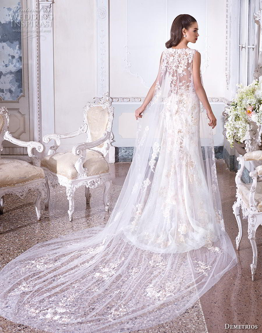 demetrios 2019 bridal sleeveless illusion bateau deep sweetheart neckline full embellishment glamorous elegant fit and flare trumpet wedding dress with cape sheer button back sweep train (3) bv demetrios 2019 bridal sleeveless illusion bateau deep sweetheart neckline full embellishment glamorous elegant fit and flare trumpet wedding dress with cape sheer button back sweep train (3) bv