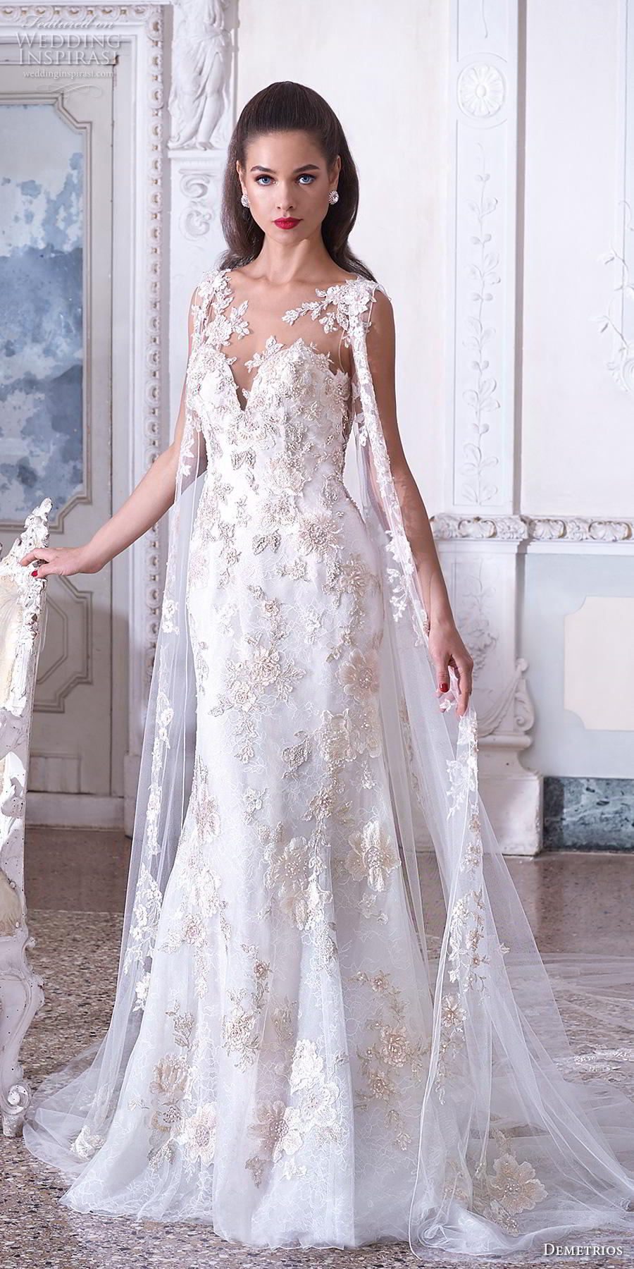 demetrios 2019 bridal sleeveless illusion bateau deep sweetheart neckline full embellishment glamorous elegant fit and flare trumpet wedding dress with cape sheer button back sweep train (3) mv demetrios 2019 bridal sleeveless illusion bateau deep sweetheart neckline full embellishment glamorous elegant fit and flare trumpet wedding dress with cape sheer button back sweep train (3) mv