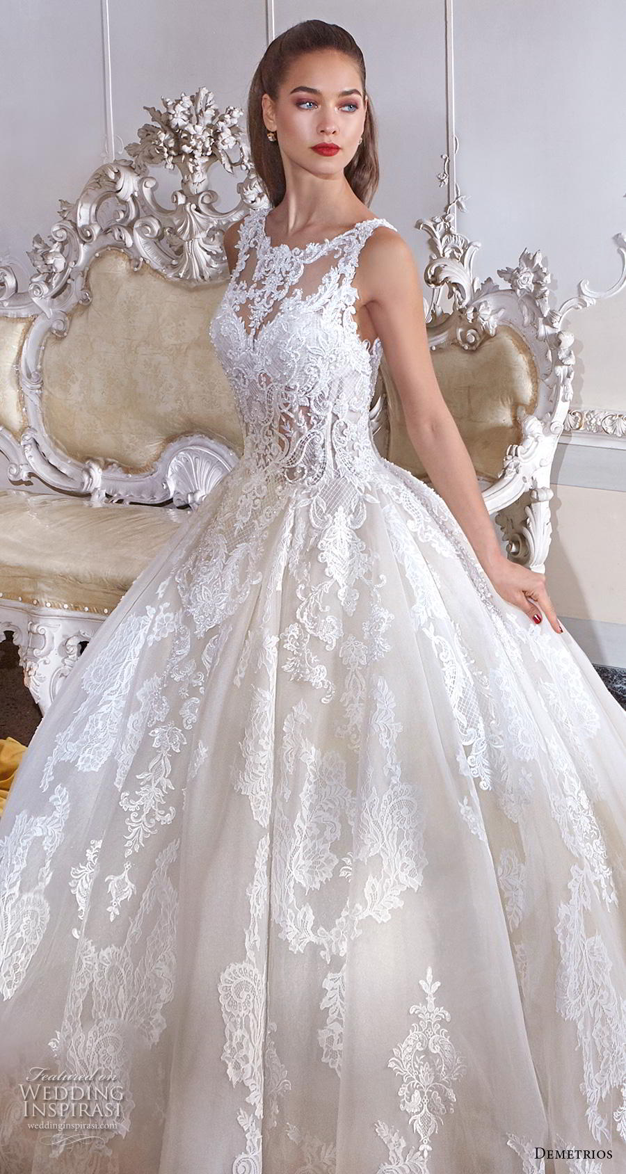 demetrios 2019 bridal sleeveless illusion bateau sweetheart neckline full embellishment princess ball gown a  line wedding dress lace back chapel train (7) zv