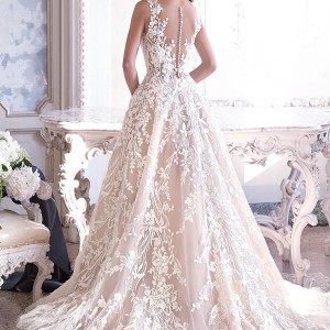 demetrios 2019 bridal sleeveless illusion v neck full embellishment feathers hem romantic a  line wedding dress sheer button back chapel train (17) bv