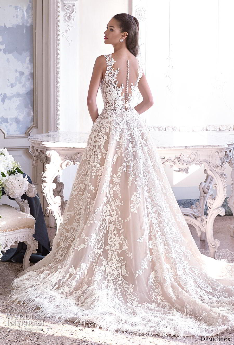 demetrios 2019 bridal sleeveless illusion v neck full embellishment feathers hem romantic a line wedding dress sheer button back chapel train (17) bv demetrios 2019 bridal sleeveless illusion v neck full embellishment feathers hem romantic a line wedding dress sheer button back chapel train (17) bv