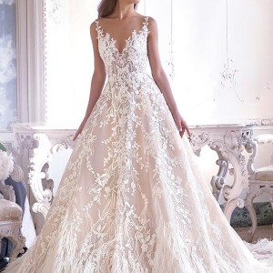 demetrios 2019 bridal sleeveless illusion v neck full embellishment feathers hem romantic a  line wedding dress sheer button back chapel train (17) mv