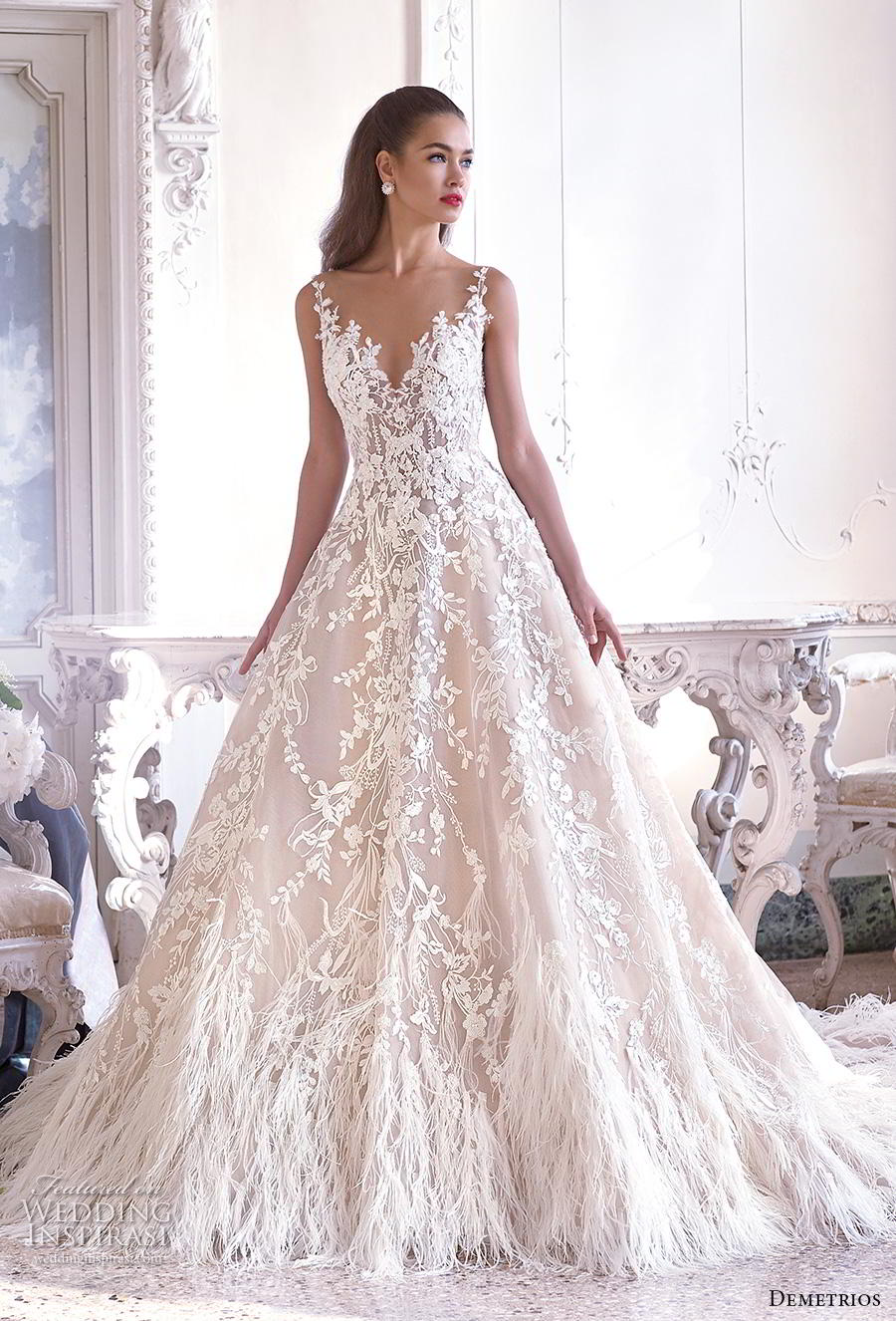demetrios 2019 bridal sleeveless illusion v neck full embellishment feathers hem romantic a line wedding dress sheer button back chapel train (17) mv demetrios 2019 bridal sleeveless illusion v neck full embellishment feathers hem romantic a line wedding dress sheer button back chapel train (17) mv