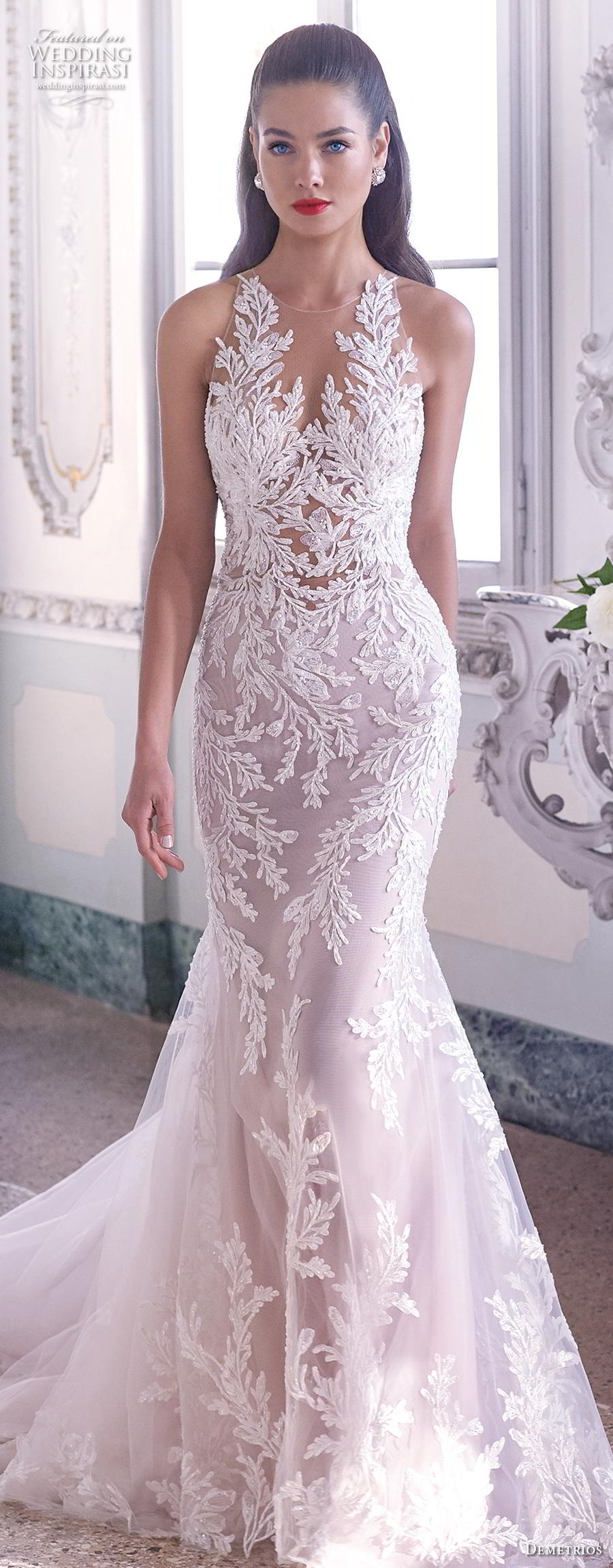 demetrios 2019 bridal sleeveless v neck full embellishment elegant glamorous fit and flare wedding dress sheer button back chapel train (4) lv