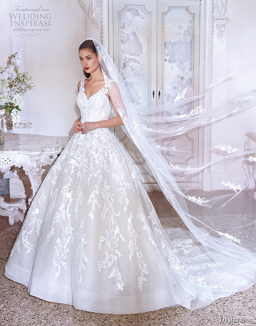 demetrios 2019 bridal sleeveless v neck full embellishment princess ball gown a  line wedding dress backless v back chapel train (15) mv