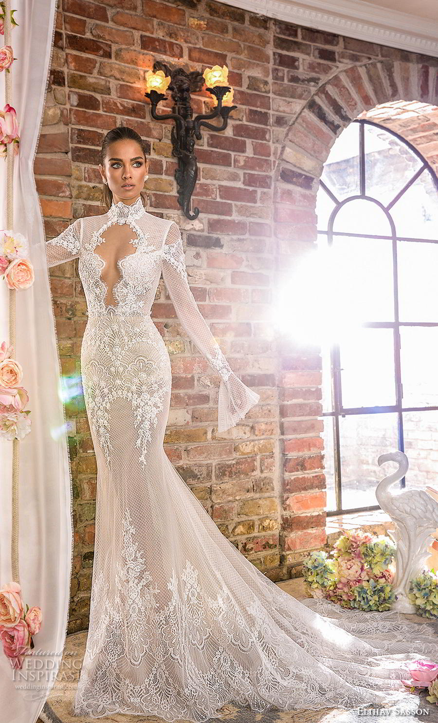 elihav sasson 2019 bridal long poet sleeves high neck keyhole bodice full embellishment elegant fit and flare wedding dress keyhole back chapel train (6) mv