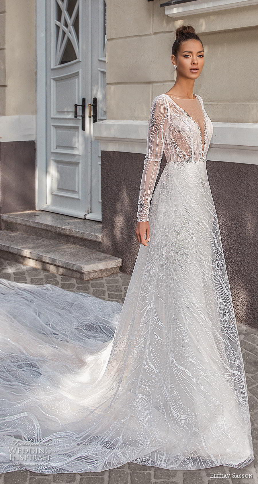 elihav sasson 2019 bridal long sleeves illusion bateau deep v neck full embellishment glitzy elegant a  line wedding dress keyhole back chapel train (13) mv