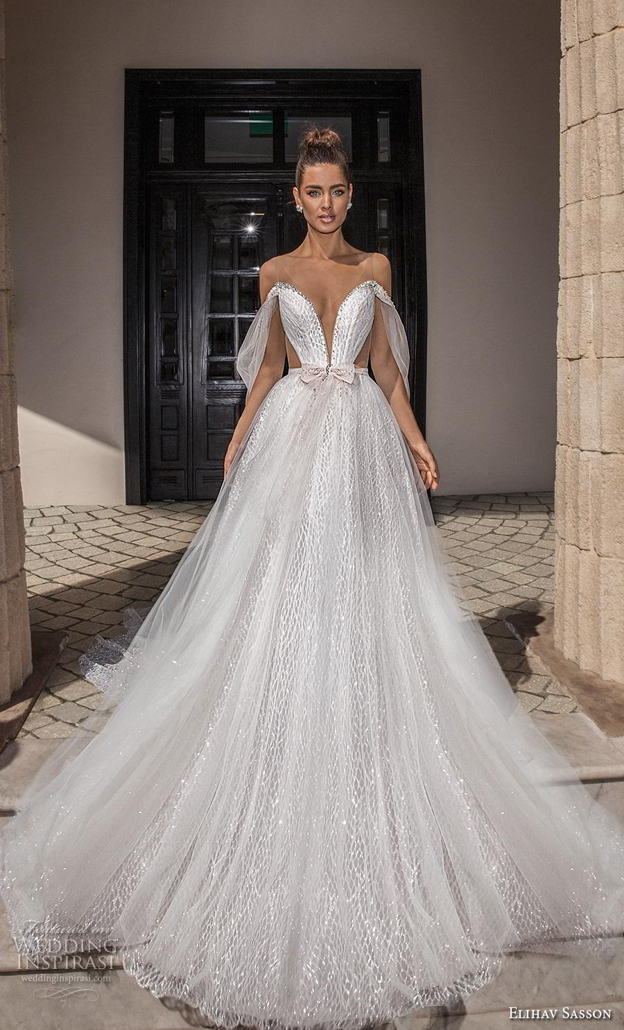 elihav sasson 2019 bridal off the shoulder deep plunging v neck full embellishment romantic a  line wedding dress backless scoop back chapel train (16) mv