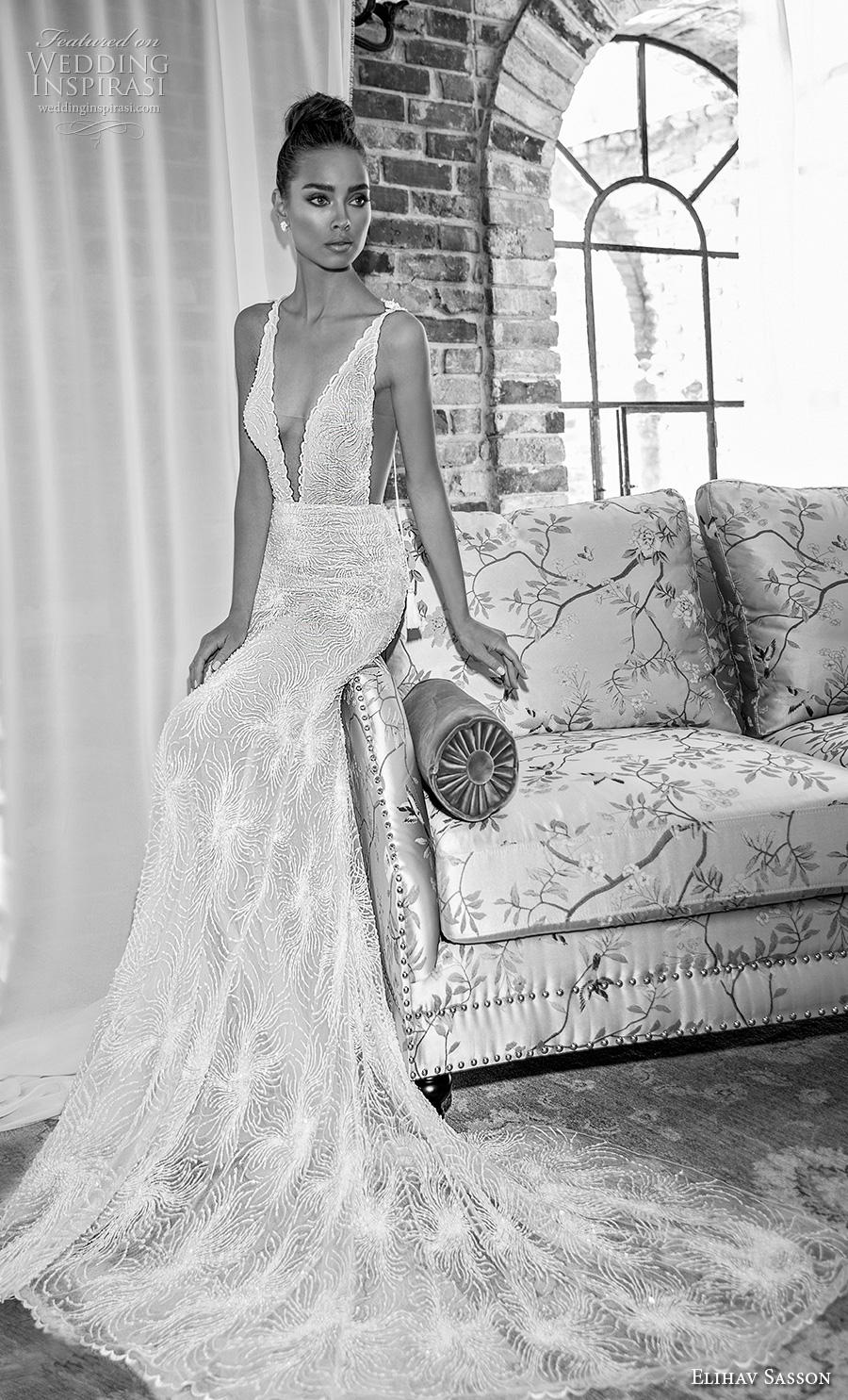 elihav sasson 2019 bridal sleeveless deep plunging v neck full embellishment side open sexy elegant sheath fit and flare wedding dress chapel train (23) mv