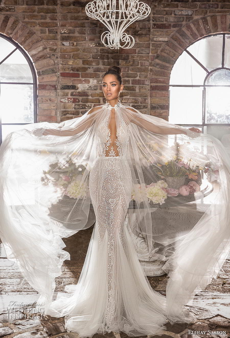 elihav sasson 2019 bridal sleeveless halter neck deep plunging keyhole bodice full embellishment elegant sexy fit and flare mermaid wedding dress keyhole back chapel train (1) mv