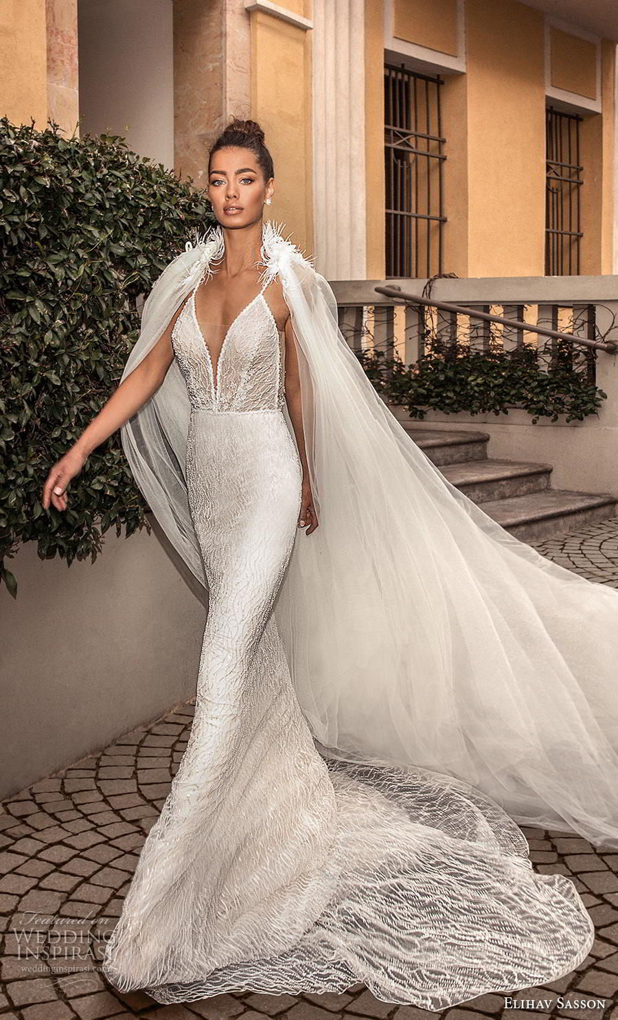 elihav sasson 2019 bridal sleeveless spaghetti strap deep plunging sweetheart neckline full embellishment elegant sexy sheath fit and flare wedding dress chapel train (21) mv