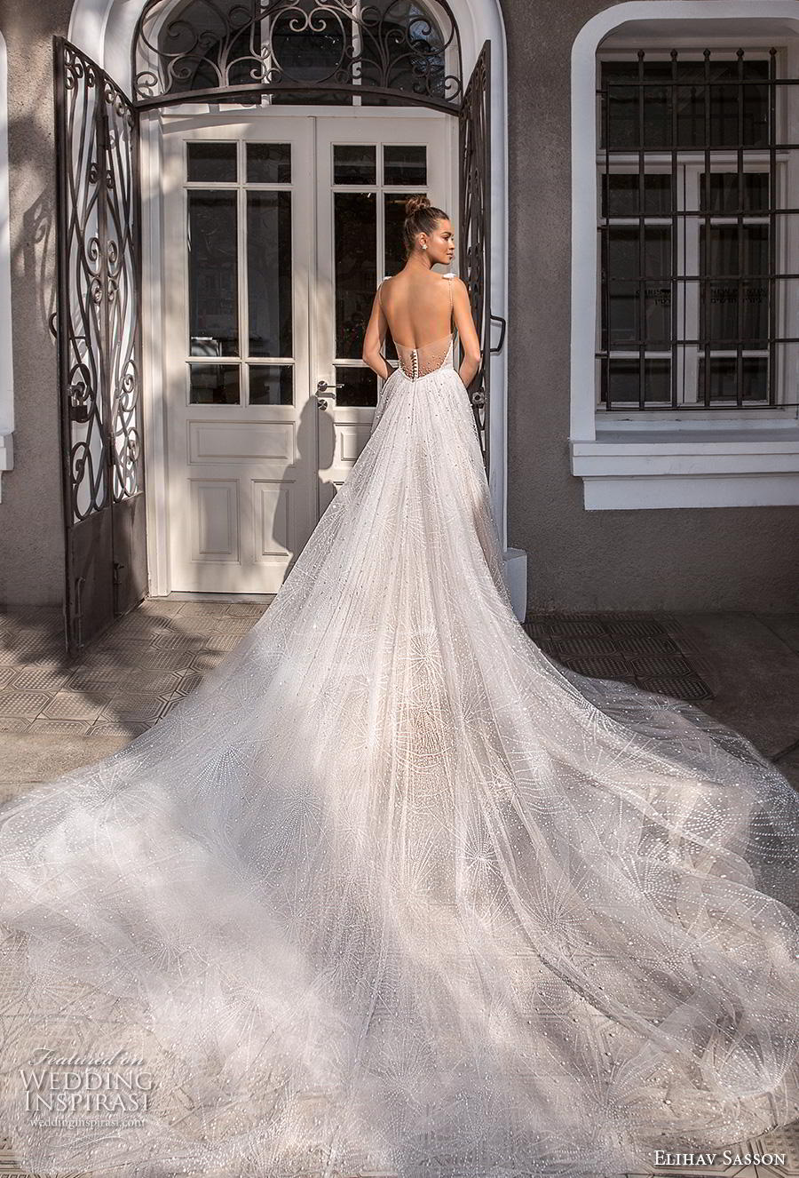 elihav sasson 2019 bridal sleeveless spaghetti strap deep v neck full embellishment glitzy romantic soft a  line wedding dress backless royal train (5) bv