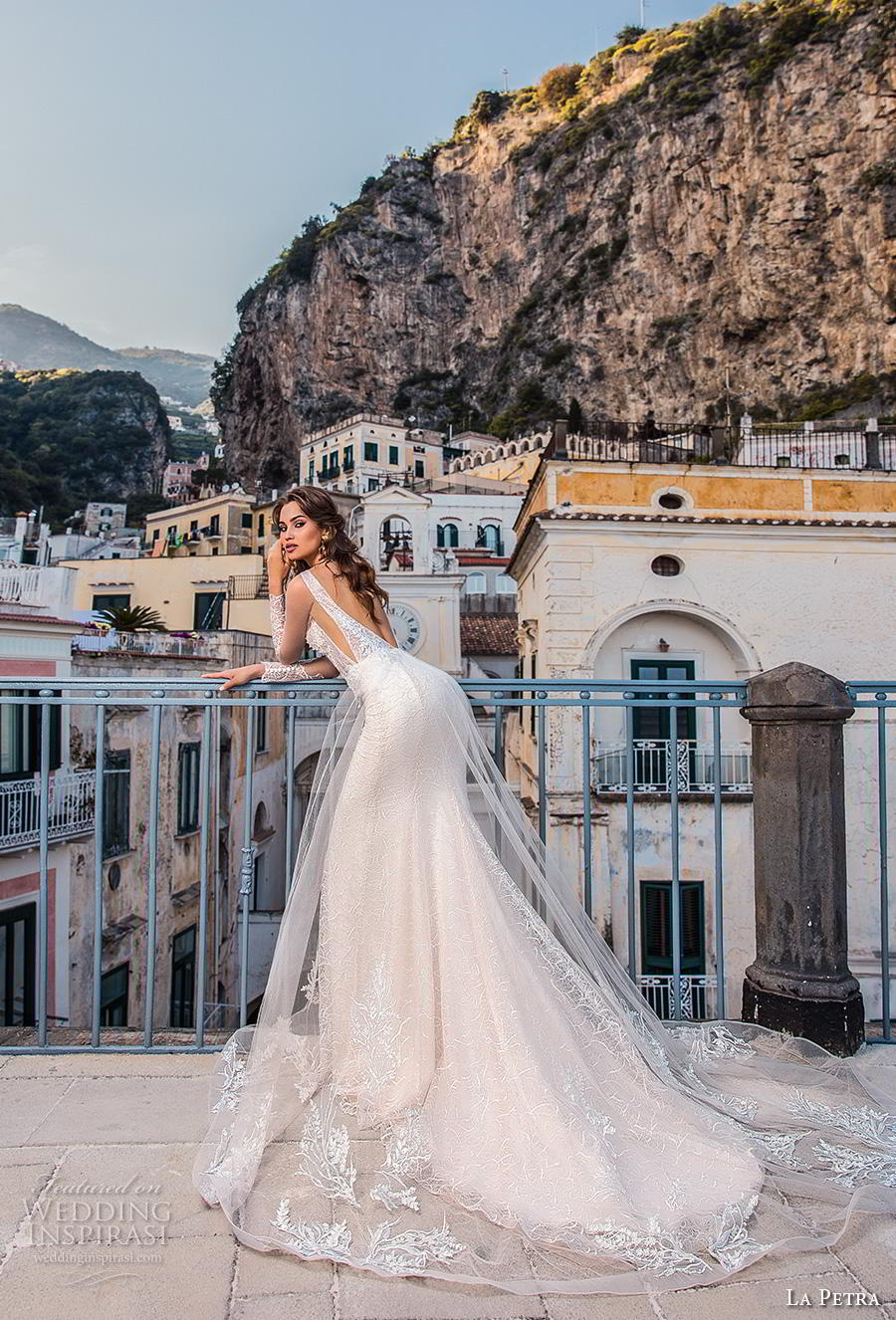 la petra 2019 bridal long sleeves deep plunging sweetheart neckline elegant sexy fit and flare wedding dress backless v back chapel train (8) bv