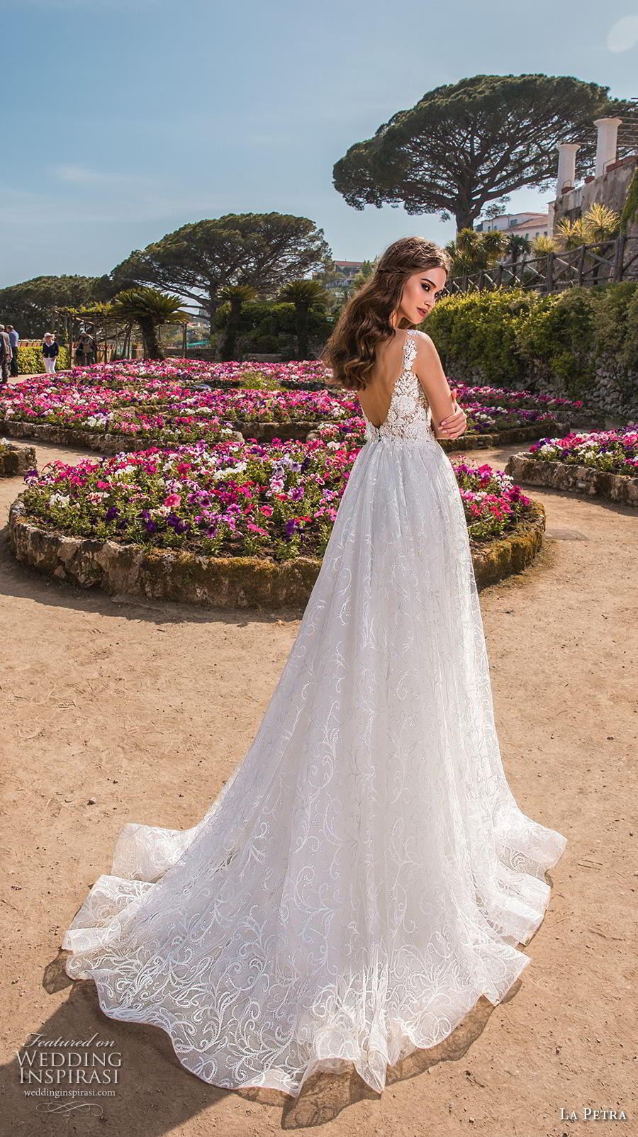 la petra 2019 bridal sleeveless deep plunging sweetheart neckline full embellishment romantic soft a  line wedding dress open v back chapel train (2) bv