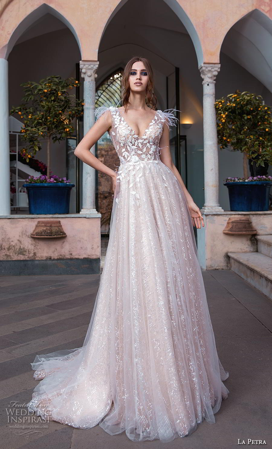 la petra 2019 bridal sleeveless v neck heavily embellished bodice romantic blush a  line wedding dress v back chapel train (4) mv