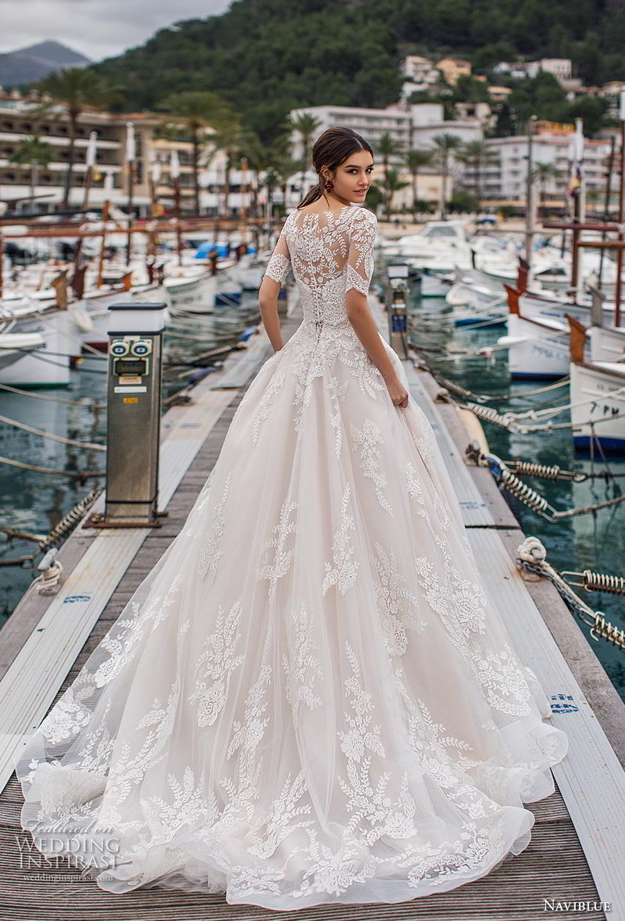 naviblue 2019 bridal half sleeves illusion bateau sweetheart neckline heavily embellished bodice hem a  line wedding dress lace back chapel train (14) bv