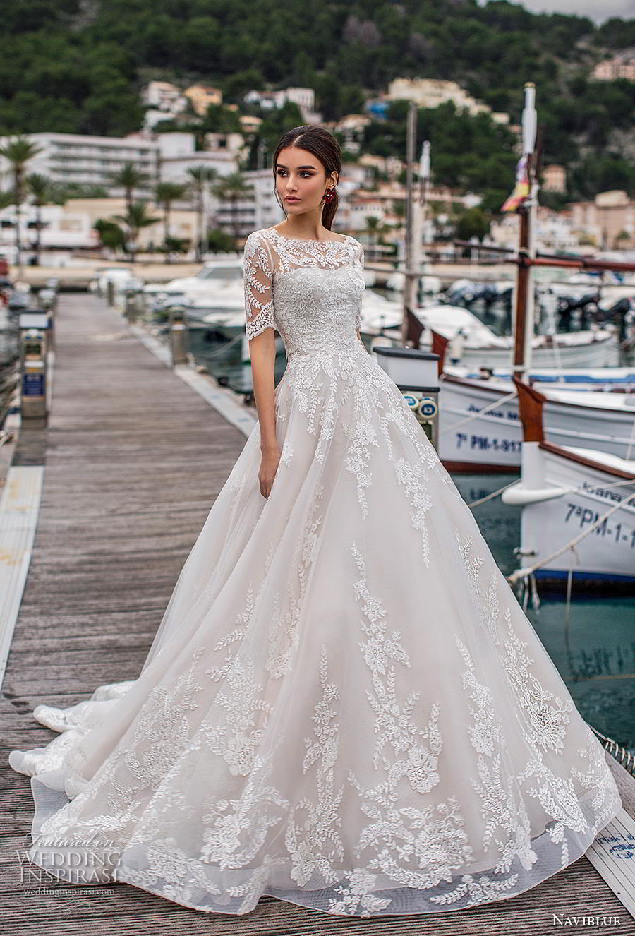 naviblue 2019 bridal half sleeves illusion bateau sweetheart neckline heavily embellished bodice hem a  line wedding dress lace back chapel train (14) mv