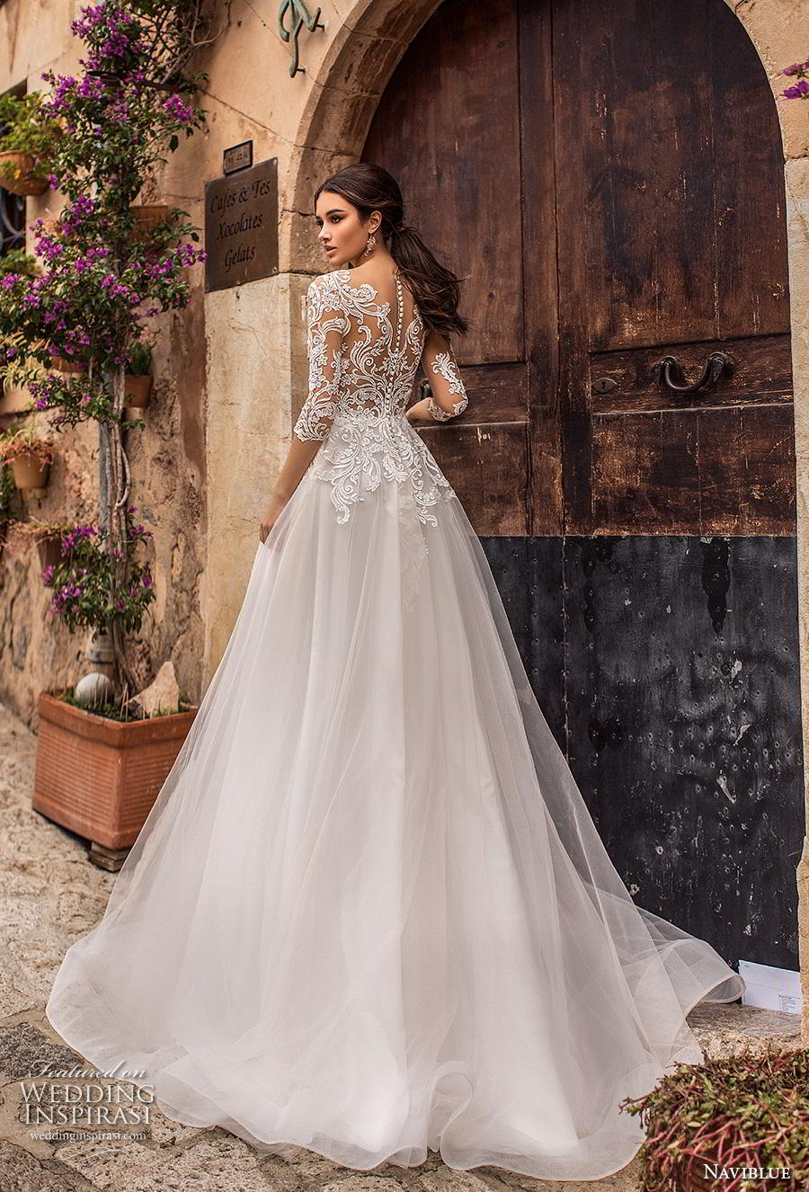 naviblue 2019 bridal half sleeves scoop neckline heavily embellished bodice romantic a  line wedding dress lace back sweep train (2) bv