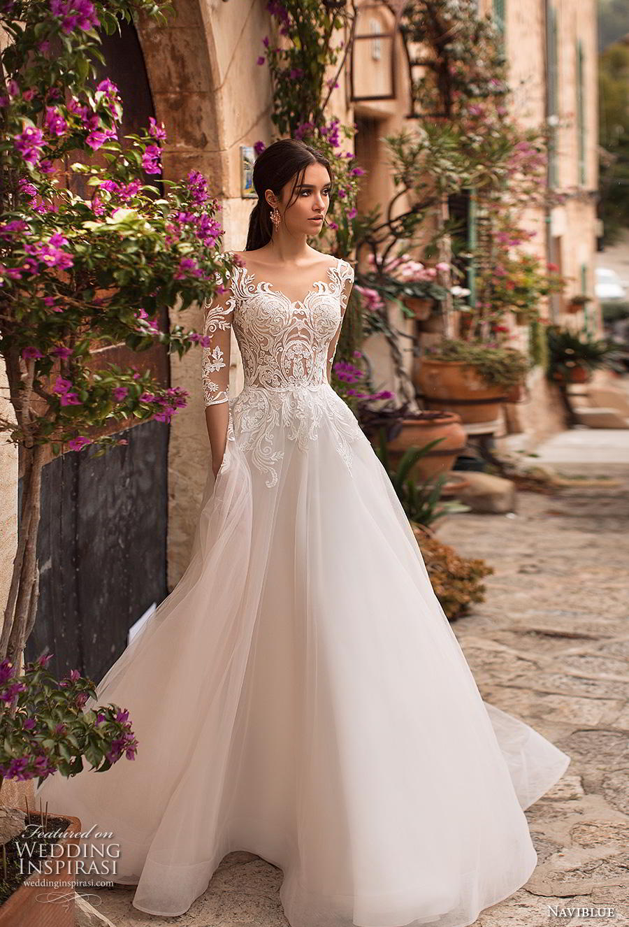 naviblue 2019 bridal half sleeves scoop neckline heavily embellished bodice romantic a  line wedding dress lace back sweep train (2) mv