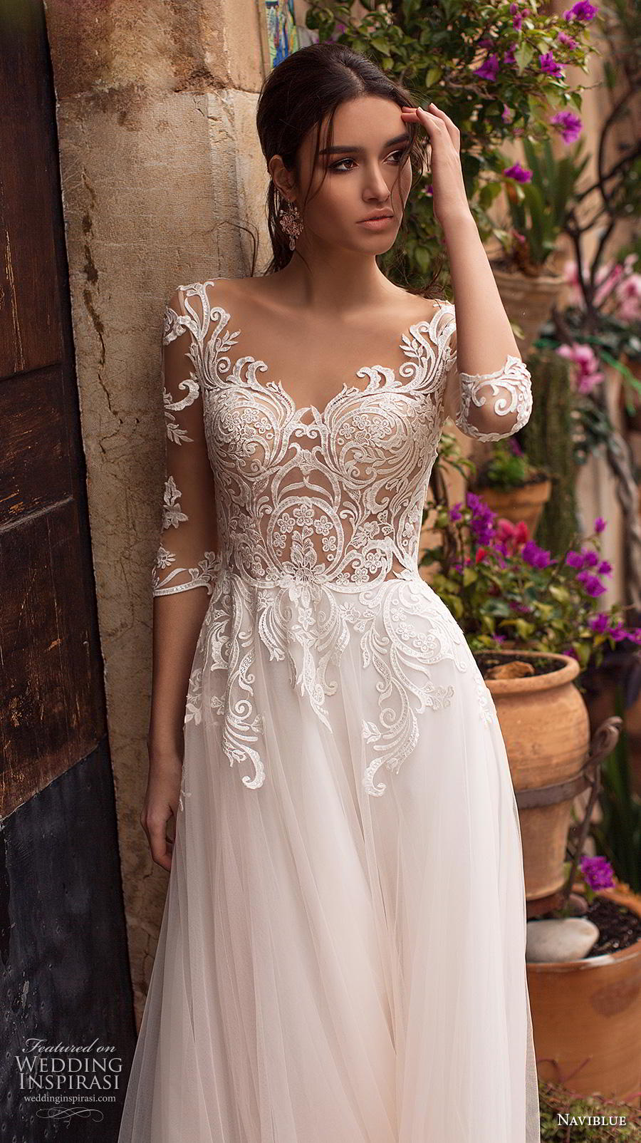 naviblue 2019 bridal half sleeves scoop neckline heavily embellished bodice romantic a  line wedding dress lace back sweep train (2) zv