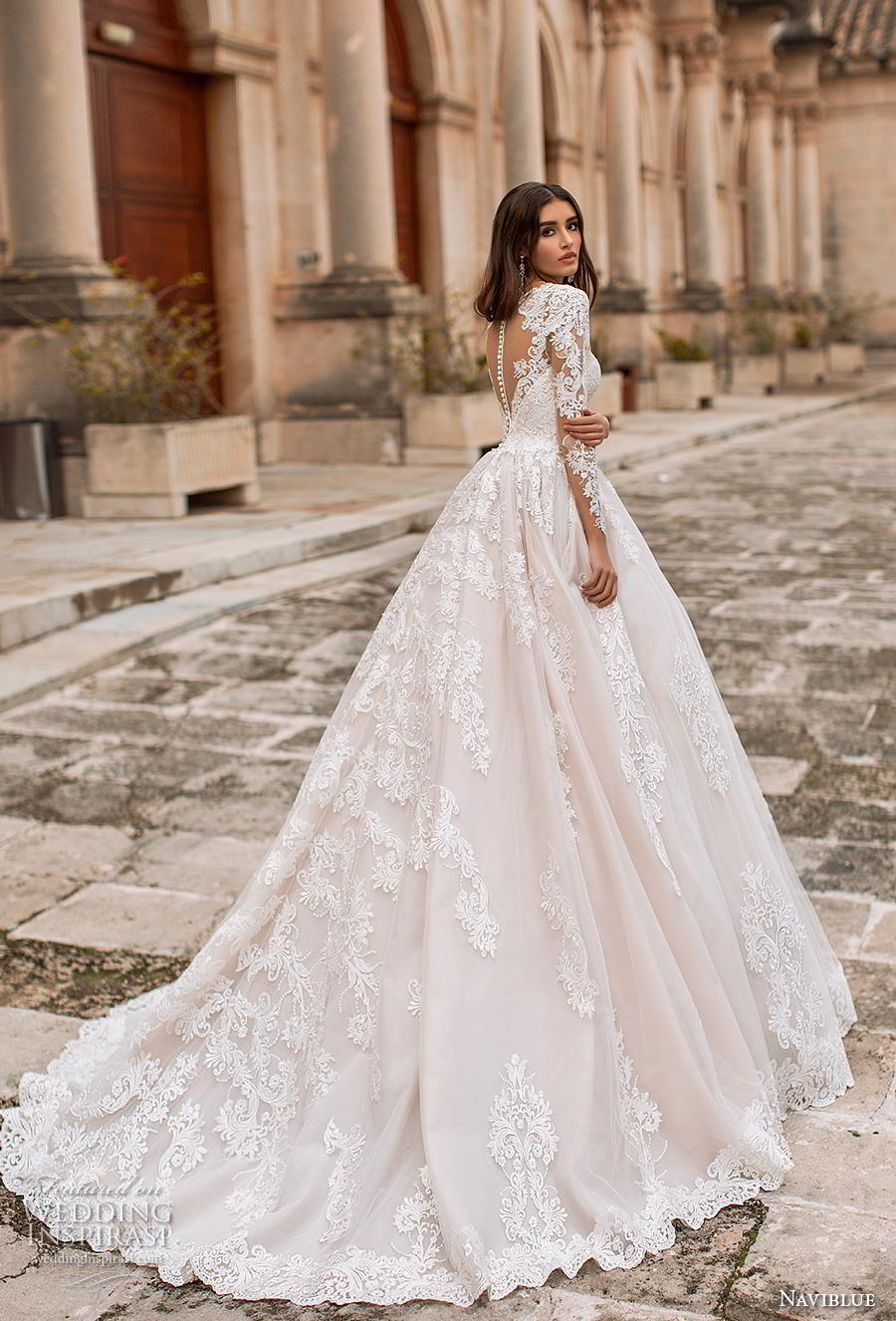 naviblue 2019 bridal long sleeves deep plunging v neck heavily embellished bodice princess romantic a  line wedding dress sheer button back chapel train (7) bv