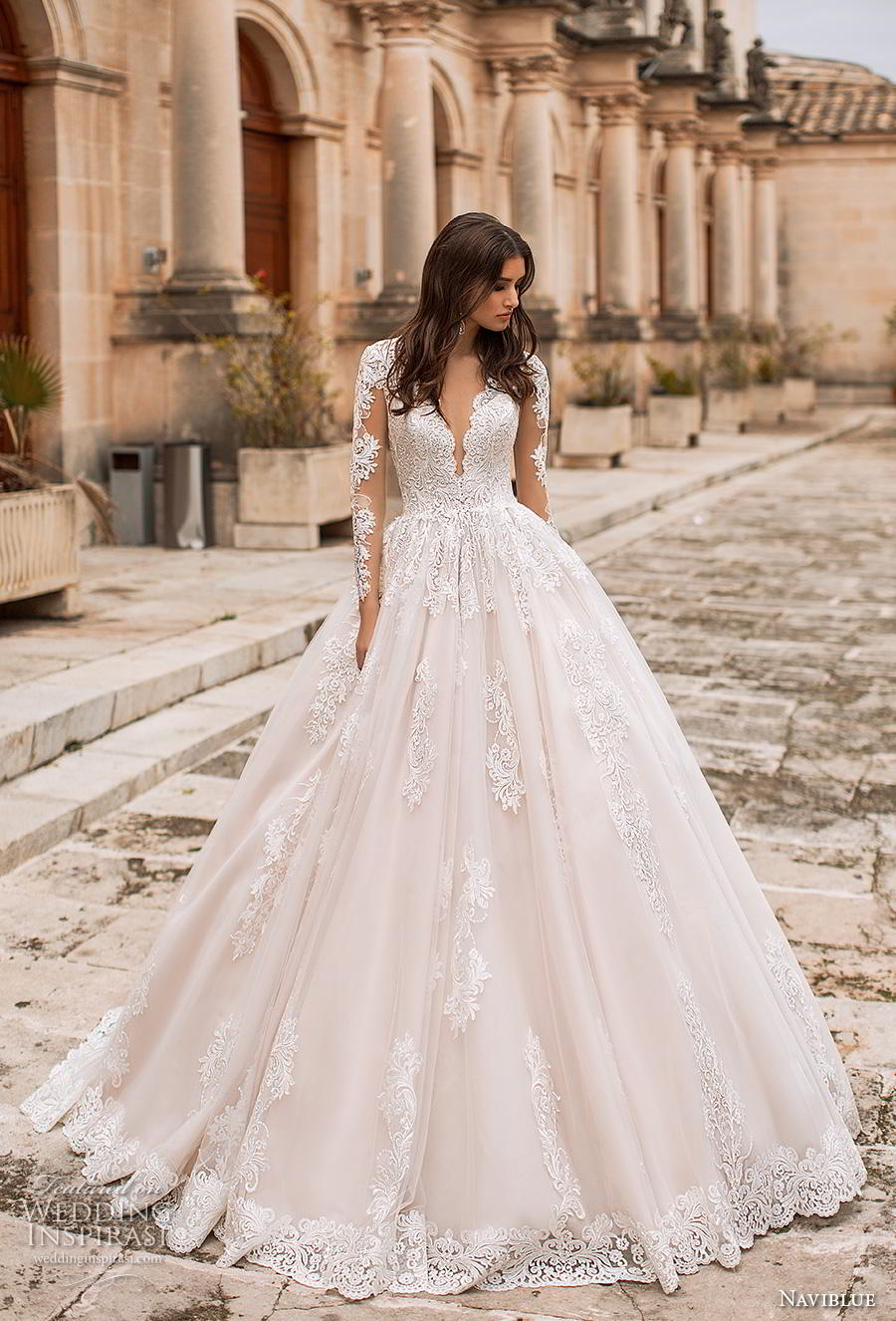 naviblue 2019 bridal long sleeves deep plunging v neck heavily embellished bodice princess romantic a  line wedding dress sheer button back chapel train (7) mv