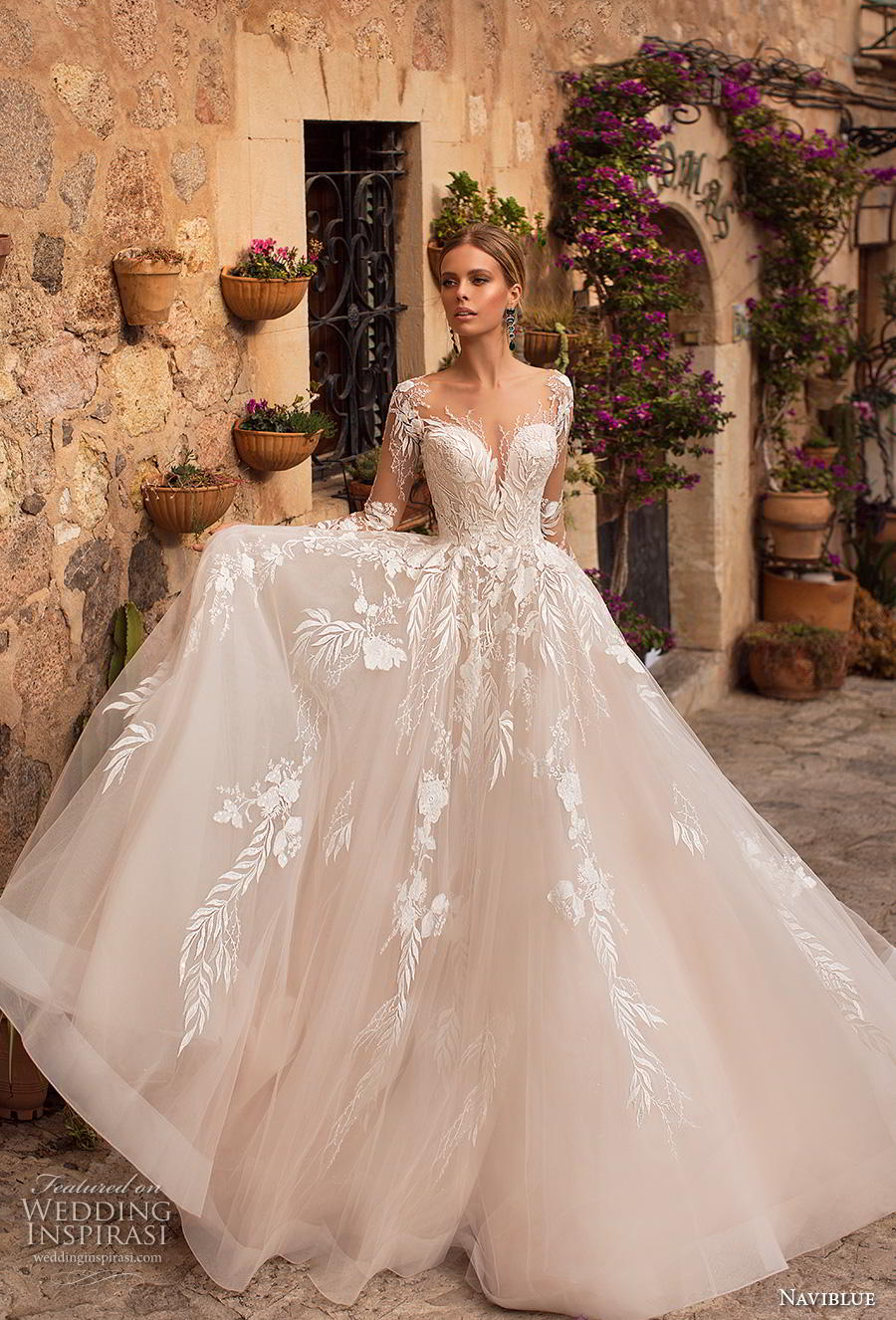 naviblue 2019 bridal long sleeves deep sweetheart neckline heavily embellished bodice romantic glamorous blush a  line wedding dress sheer button back chapel train (13) mv