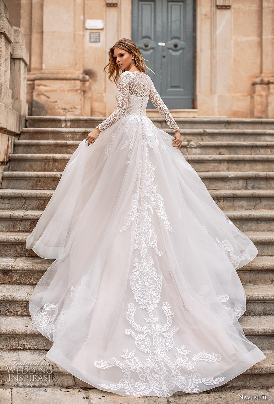 naviblue 2019 bridal long sleeves illusion bateau straight across neckline heavily embellished bodice romantic a  line wedding dress covered lace back royal train (10) bv