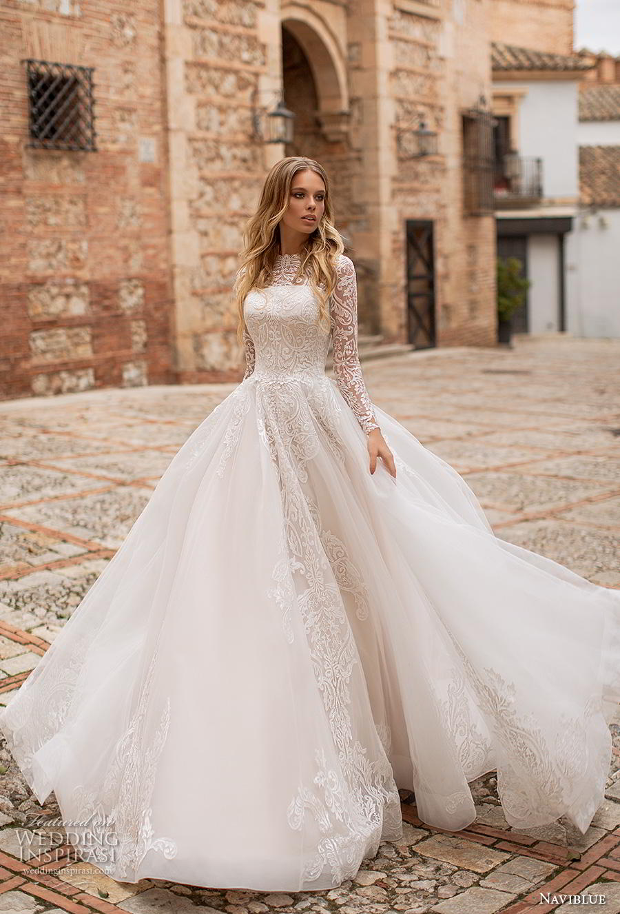 naviblue 2019 bridal long sleeves illusion bateau straight across neckline heavily embellished bodice romantic a  line wedding dress covered lace back royal train (10) mv