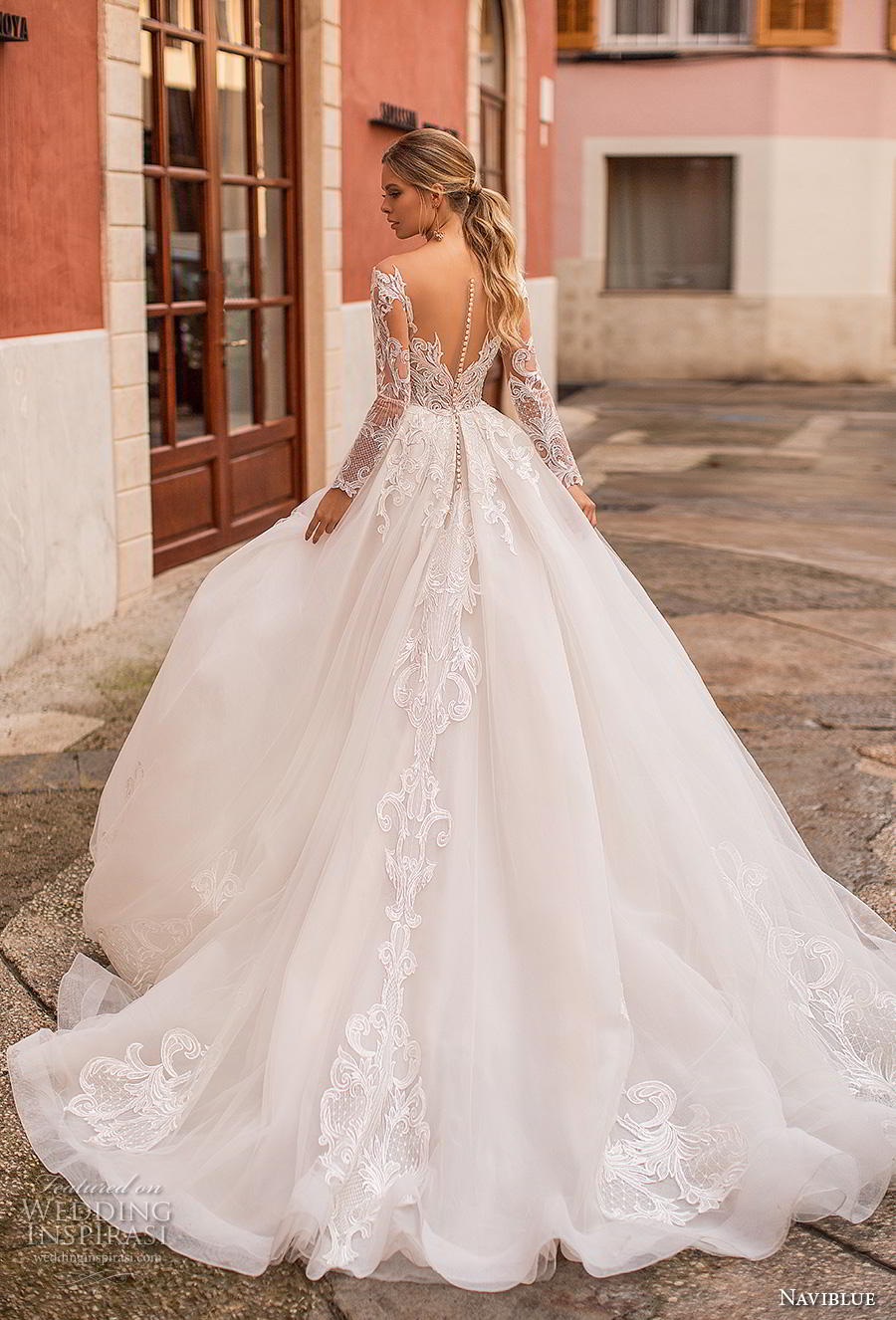 naviblue 2019 bridal long sleeves sweetheart neckline heavily embellished bodice princess ball gown a  line wedding dress sheer button back chapel train (3) bv