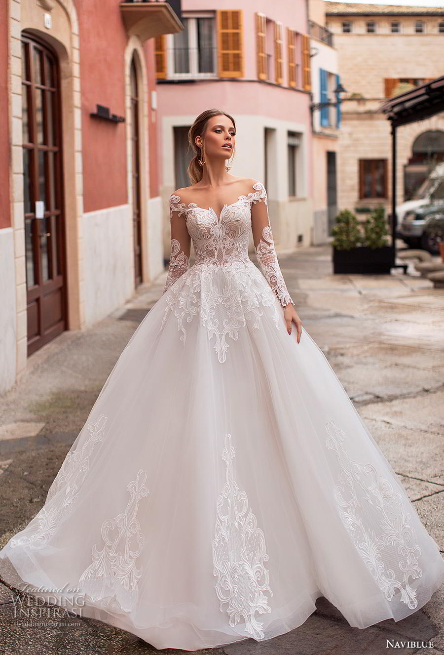 naviblue 2019 bridal long sleeves sweetheart neckline heavily embellished bodice princess ball gown a  line wedding dress sheer button back chapel train (3) mv