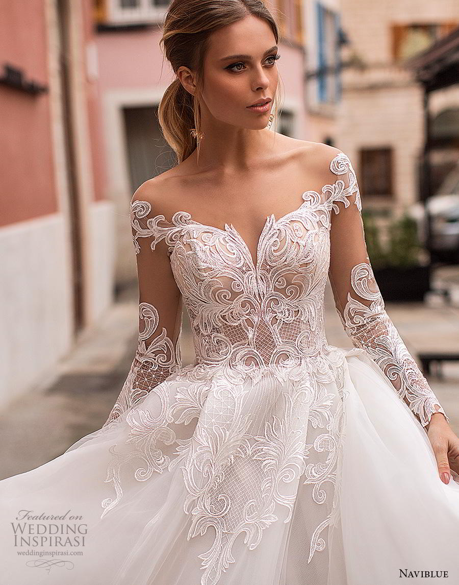 naviblue 2019 bridal long sleeves sweetheart neckline heavily embellished bodice princess ball gown a  line wedding dress sheer button back chapel train (3) zv