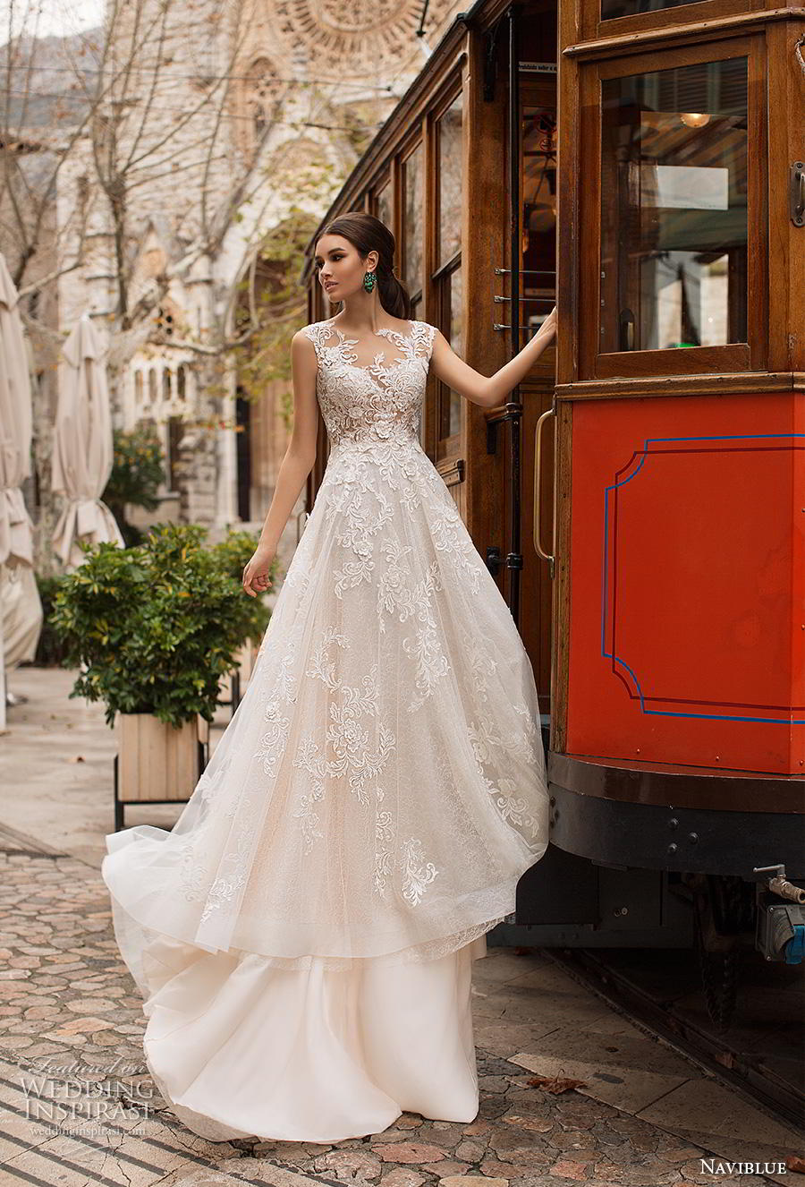naviblue 2019 bridal sleeveless illusion bateau neck full embellishment elegant a  line wedding dress sheer button lace back chapel train (6) mv