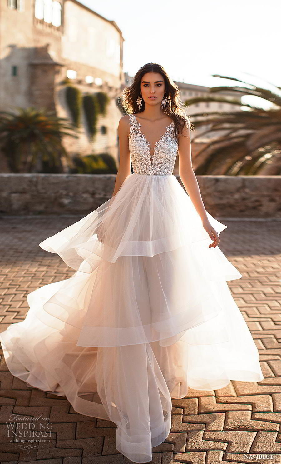 naviblue 2019 bridal sleeveless v neck heavily embellished bodice tiered skirt romantic a  line wedding dress backless v back chapel train (4) mv