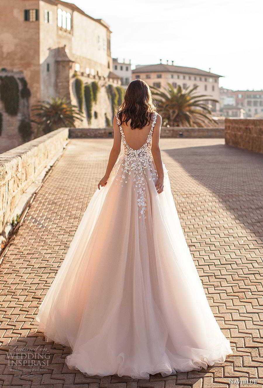 naviblue 2019 bridal sleeveless v neck heavily embellished bodice tulle skirt romantic blush a  line wedding dress backless sweep train (1) bv