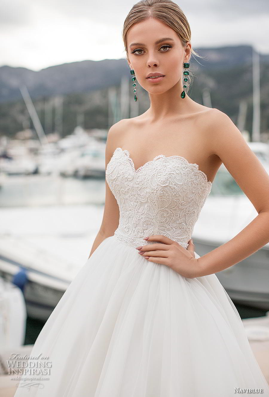 naviblue 2019 bridal strapless sweetheart neckline heavily embellished bodice romantic a  line wedding dress cross strap back chapel train (11) zv