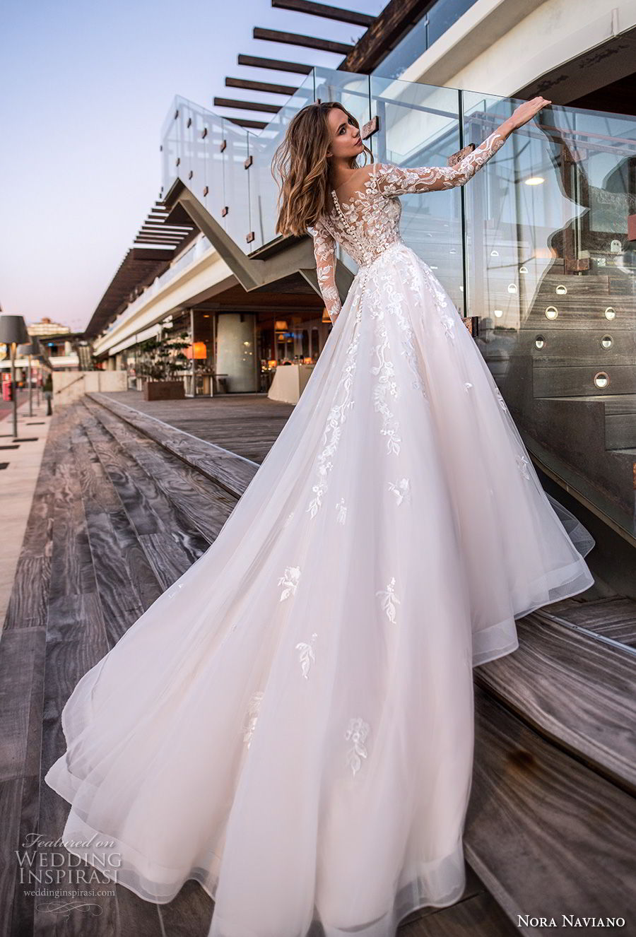 nora naviano 2019 bridal long sleeves illusion bateau neckline heavily embellished bodice bodice romantic a  line wedding dress lace back (17) bv