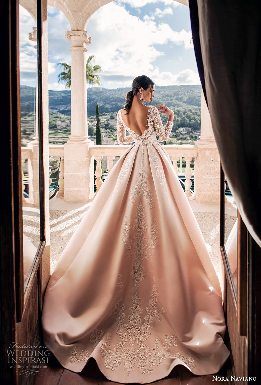 nora naviano 2019 bridal long sleeves illusion bateau sweetheart neckline full embellishment romantic princess pink a  line wedding dress v back chapel train (11) bv