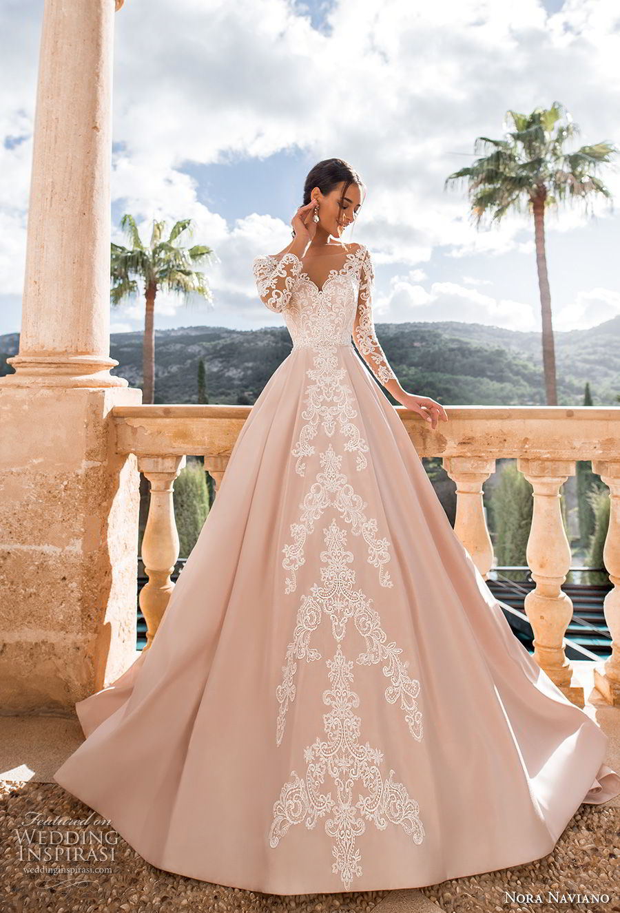 nora naviano 2019 bridal long sleeves illusion bateau sweetheart neckline full embellishment romantic princess pink a  line wedding dress v back chapel train (11) mv