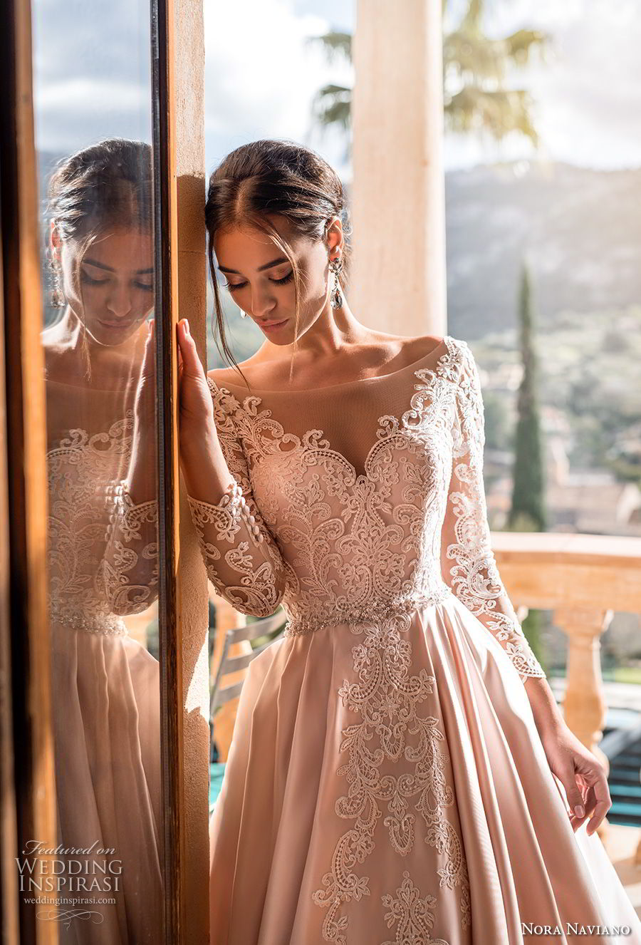 nora naviano 2019 bridal long sleeves illusion bateau sweetheart neckline full embellishment romantic princess pink a  line wedding dress v back chapel train (11) zv