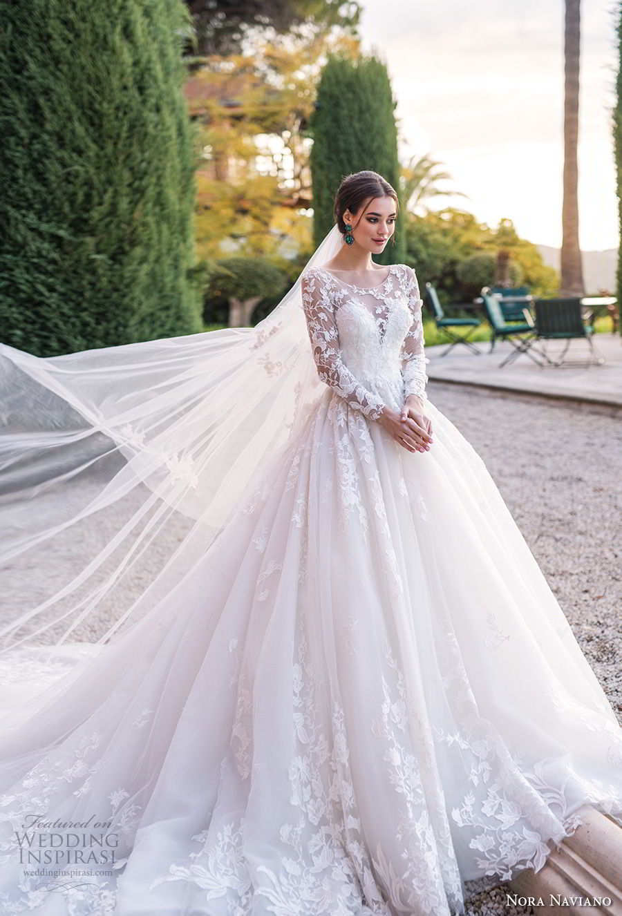 nora naviano 2019 bridal long sleeves illusion jewel sweetheart neckline heavily embellished bodice princess ball gown a  line wedding dress royal train (1) mv