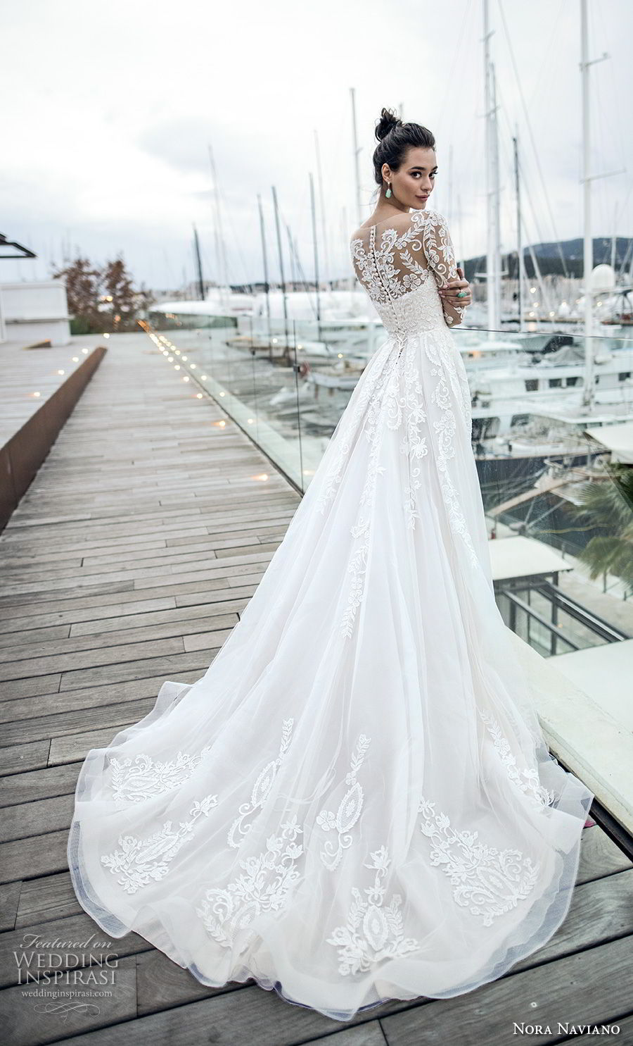 nora naviano 2019 bridal long sleeves sheer bateau neckline full embellishment romantic elegant a  line wedding dress sheer lace back chapel train (15) bv