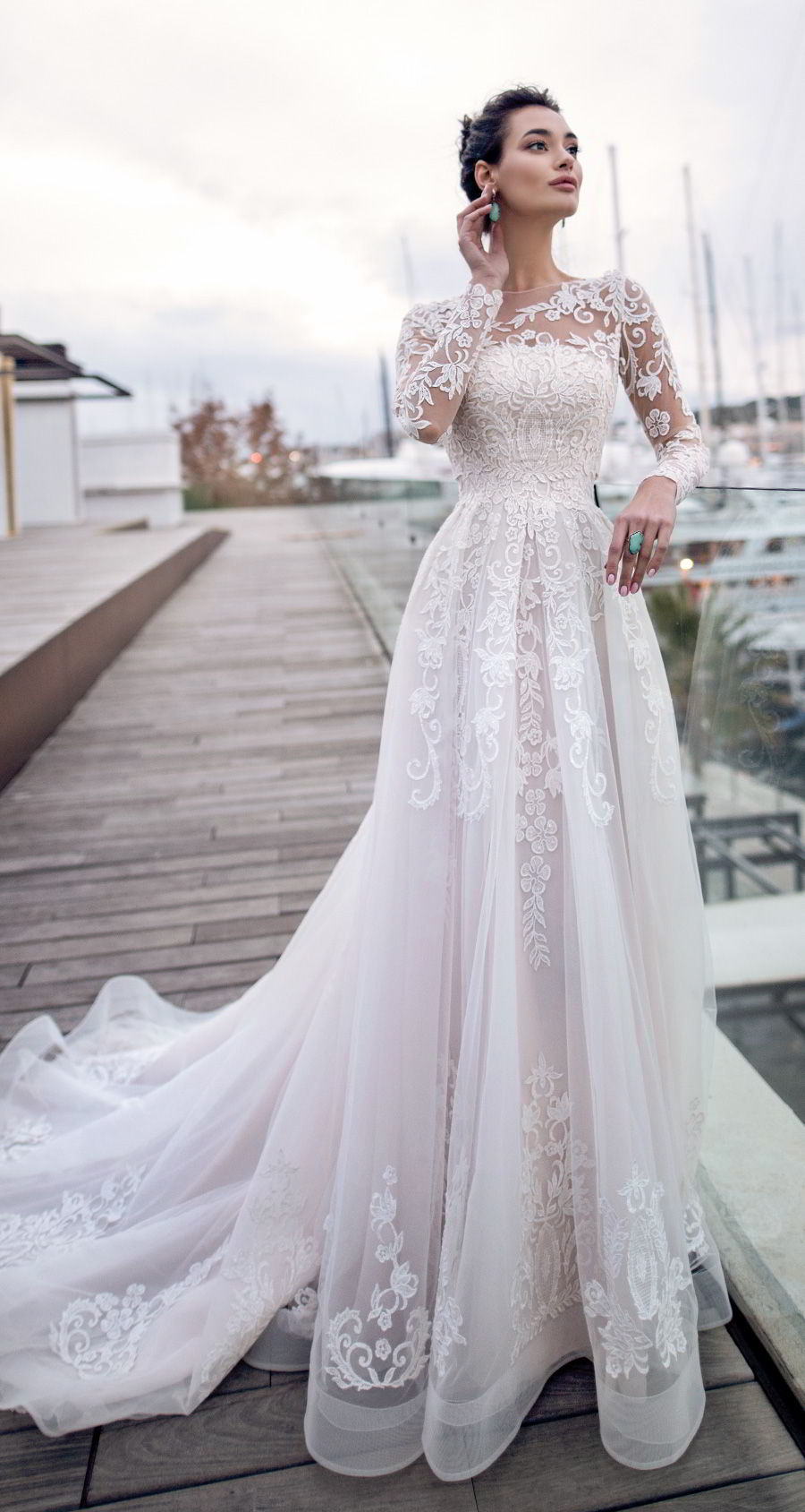 nora naviano 2019 bridal long sleeves sheer bateau neckline full embellishment romantic elegant a  line wedding dress sheer lace back chapel train (15) mv