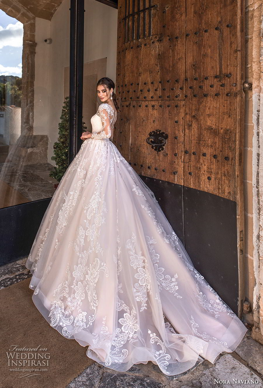 nora naviano 2019 bridal long sleeves sweetheart neckline full embellishment princess romantic ball gown a  line wedding dress sheer button back royal train (5) bv 