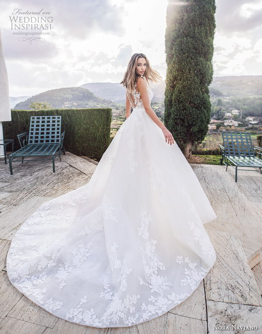 nora naviano 2019 bridal sleeveless v neck full embellishment romantic sheath wedding dress a  line overskirt sheer button back chapel train (13) bv