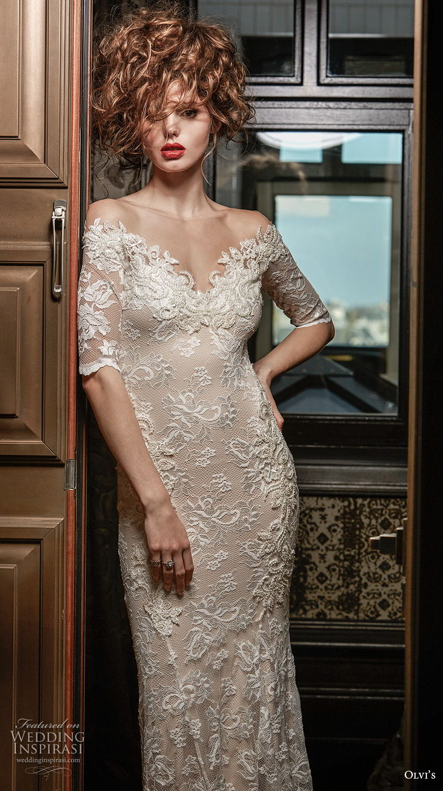 olvi 2019 bridal half sleeves off the shoulder v neck full embellishment vintage elegant fit and flare wedding dress short train (9) zv mv