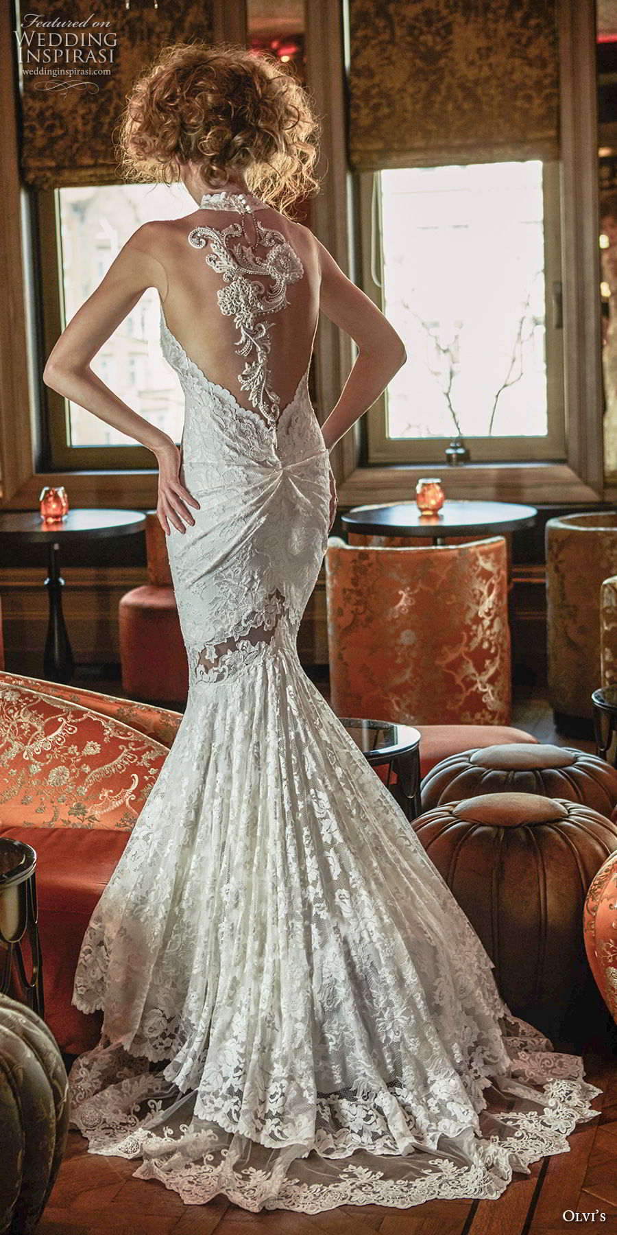 olvi 2019 bridal illusion halter neck full embellishment elegant fit and flare wedding dress sweep train sheer lace back medium train (22) bv