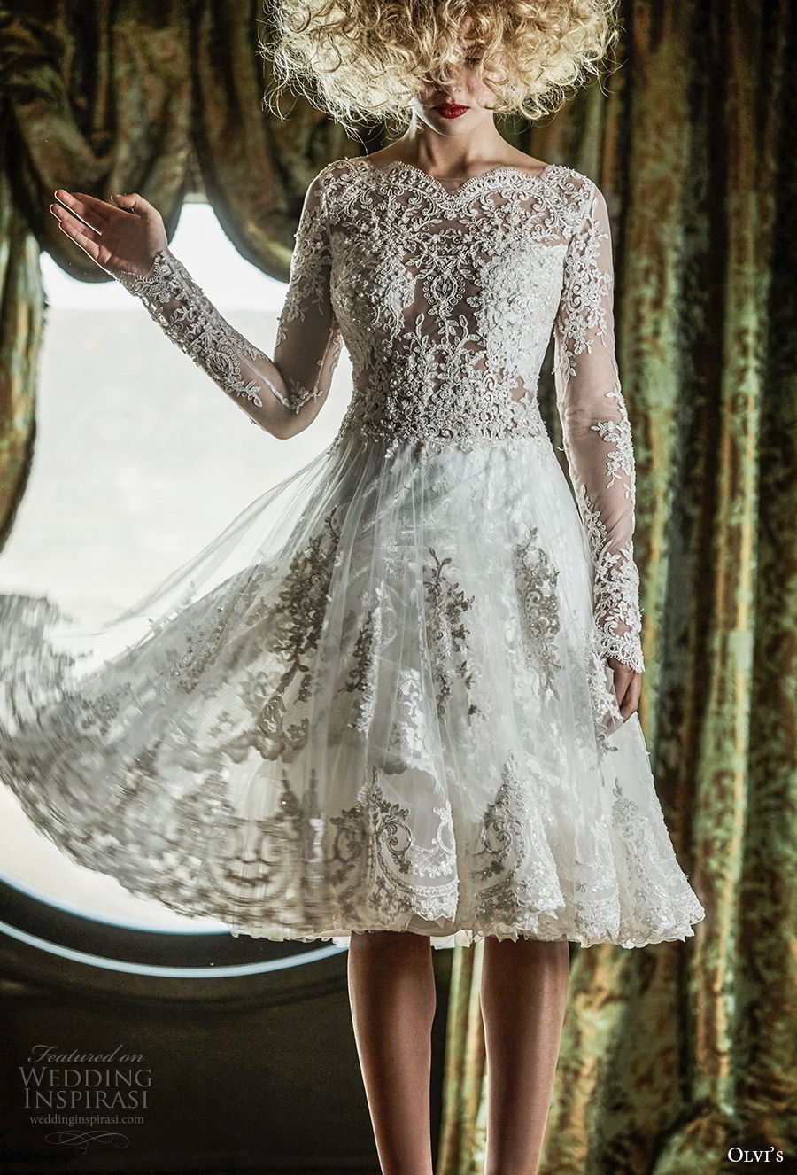 olvi 2019 bridal long sleeves bateau neck full embellishment romantic pretty knee length short wedding dress (6) mv