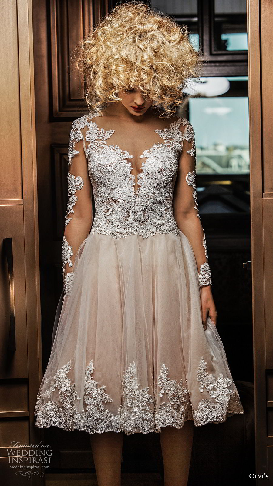 olvi 2019 bridal long sleeves deep plunging sweetheart neckline heavily embellished bodice romantic pretty blush short wedding dress sheer button back (14) mv