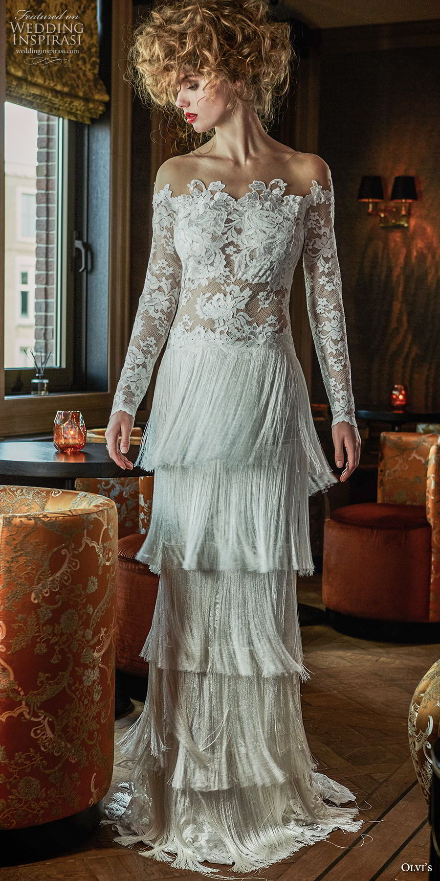 olvi 2019 bridal long sleeves off the shoulder heavily embellished bodice tiered fringe skirt bohemian vintage column wedding dress sweep train (7) mv